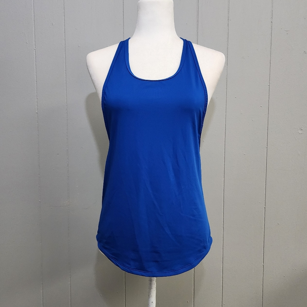 4/25$ Fabletics Blue Racer Black Mesh Back Stripe Tank Top